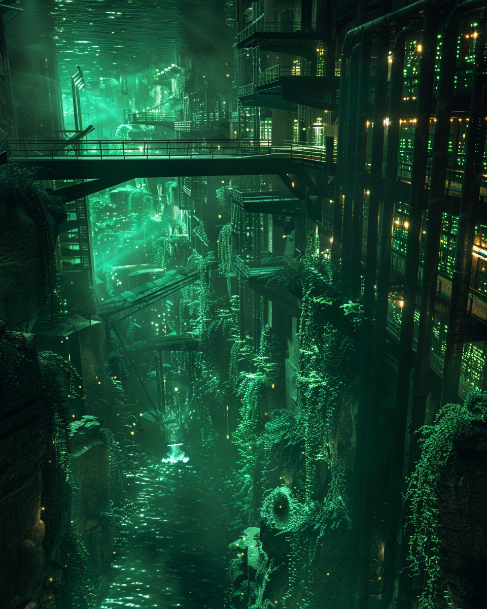 Server-Canyon: smaragdgrüne Recheninfrastruktur zwischen nassen Felswänden – Lianyu.